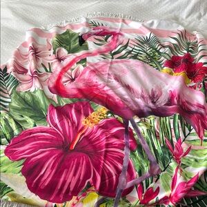 NEW Beach towel 60” round.  Flamingo Tropical Plants